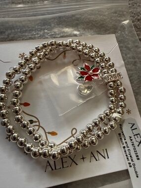 NEW! Alex and Ani Poinsettia And Crystal Double Stretch Charm Bracelet
